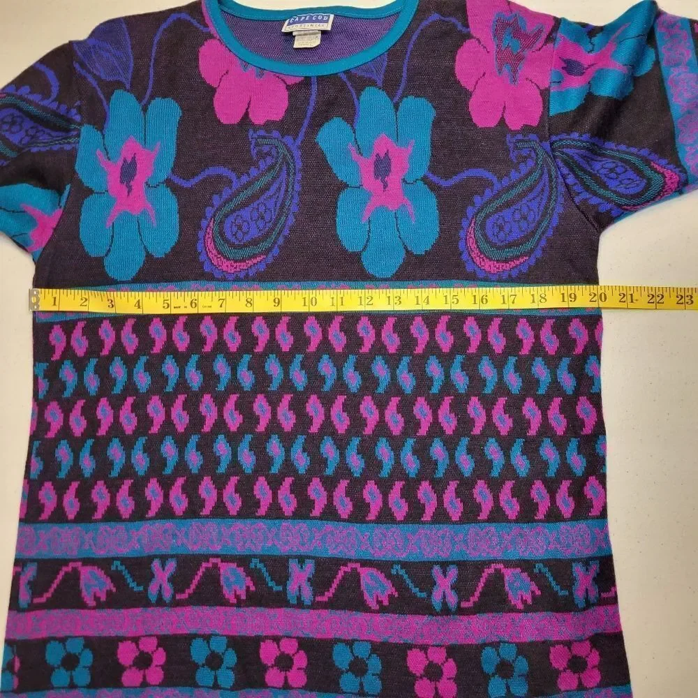 Cape Cod Vintage 80s Black Purple Teal  Floral Paisley Patterned Knit Sweater